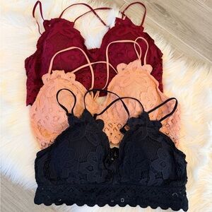 3 Elegant Lace Bralette Set - Black, Red, and Peach